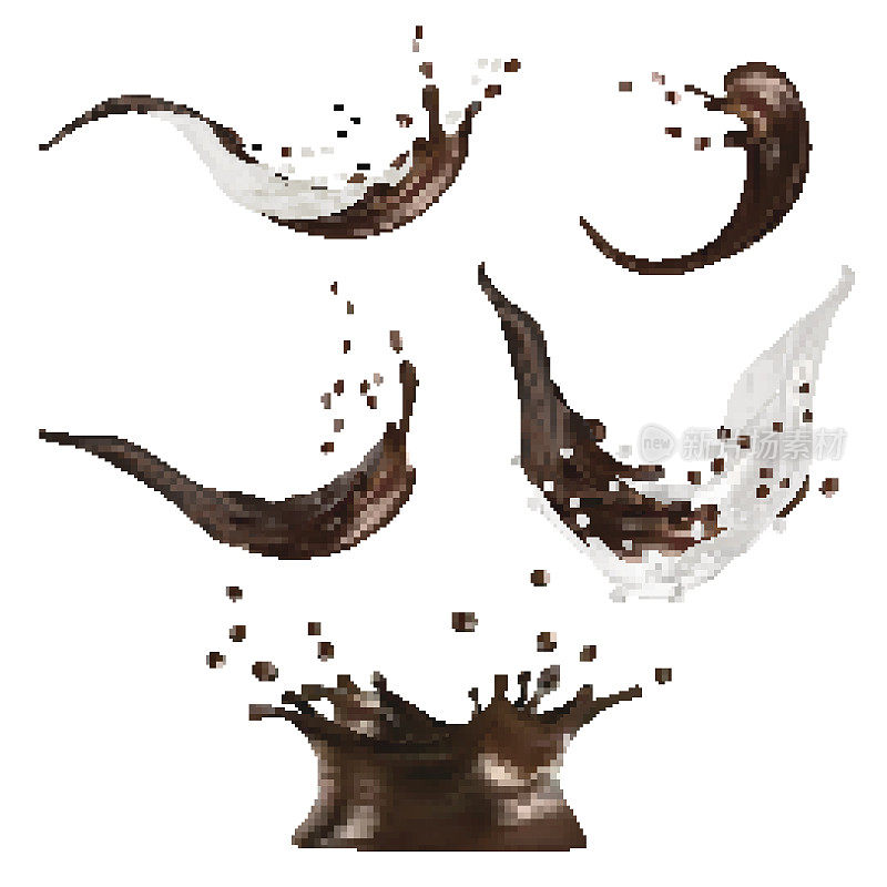 牛奶和巧克力飞溅矢量隔离在白色背景。倒出的液体或奶昔带有斑点。3 d演示。
